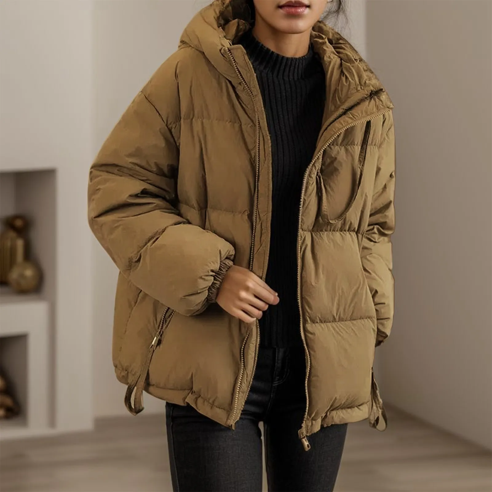 Winter Warm Cotton Padded Coat Autumn Winter Chic Woman Clothes Korean Style Women\'S Solid Color Down Jacket With Hood Zip Up