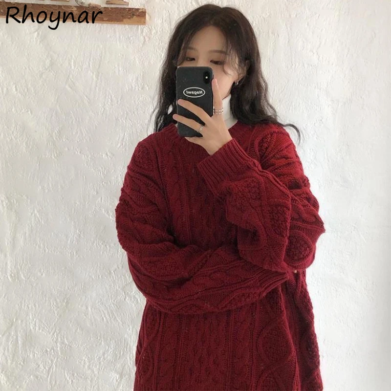 Red Vintage Knitted Sweaters Autumn Winter Pullovers for Women Chic Baggy Students Korean Style Aesthetic College Stylish Basic