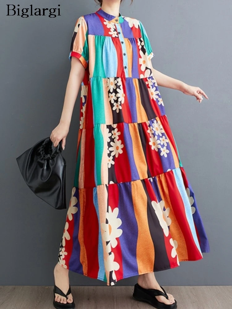 

Oversized Summer Long Dress Women Flower Floral Print Modis Ladies Dresses Loose Ruffle Pleated Woman Short Sleeve A-Line Dress