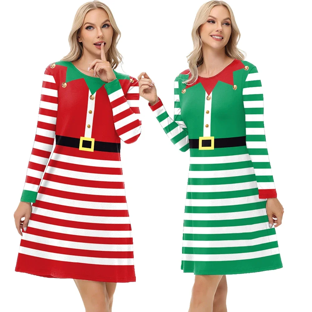 Merry Christmas Women Elegant Dress Adults Long Sleeve Full Printing New Year Casual Elf Cosplay Costumes Xmas Lady Clothes