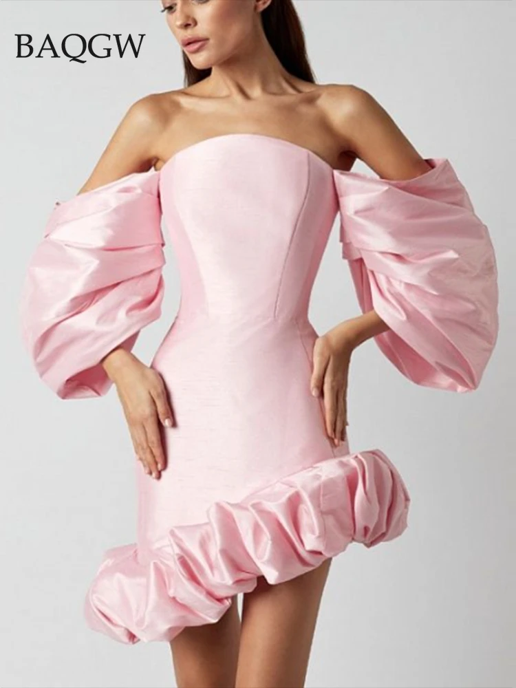 

Elegant Women's Pink Sexy Off Shoulder Asymmetric Bubble Sleeve Luxury Mini Dress with Ruffle Elegant Celebrity Party Dress