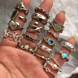 Y2K Crystal Rings Kpop Heart Adjustable Ring Irregular Geometry Punk Vintage Rings For Women Girls New Fashion Jewelry