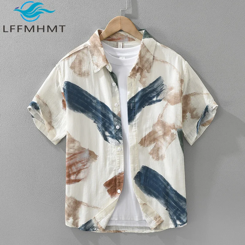 

8179 Japan Style Creative Printing Fresh Shirt for Men Summer Fashion Short Sleeve Slim Fit Casual 100% Cotton Soft Cozy Tops