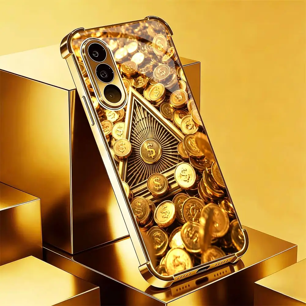 Gold coins dollar luxury TPU HD glass phone case for Samsung Galaxy S26 S25 S24 S23 S22 S21FE,Ultra,Plus Scratch Dropresistant