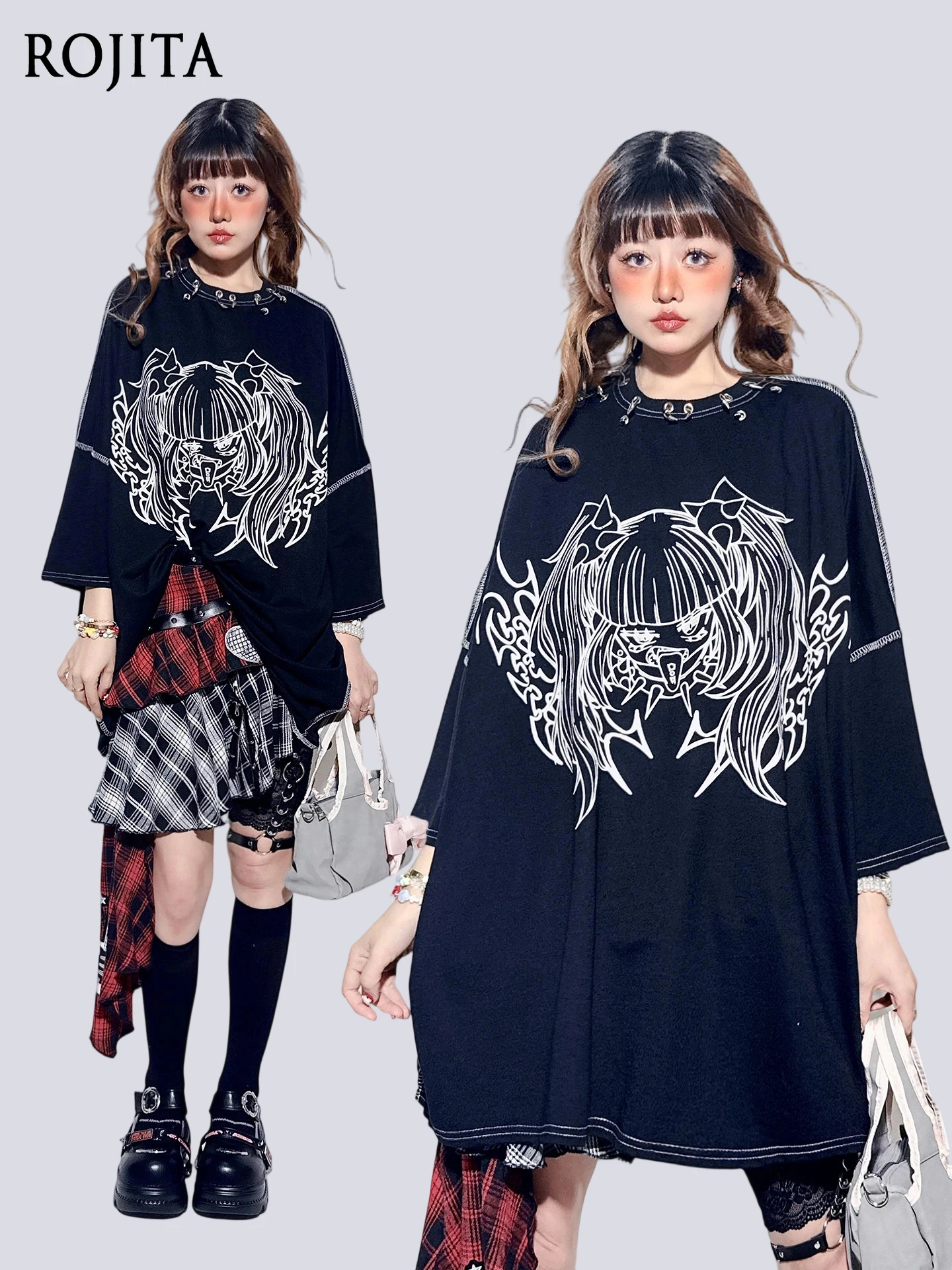 

Japan Black Cotton Short-sleeved T-shirt Women's Summer New Round Neck Unique Loose Casual Subculture Top Crew Neck Tee