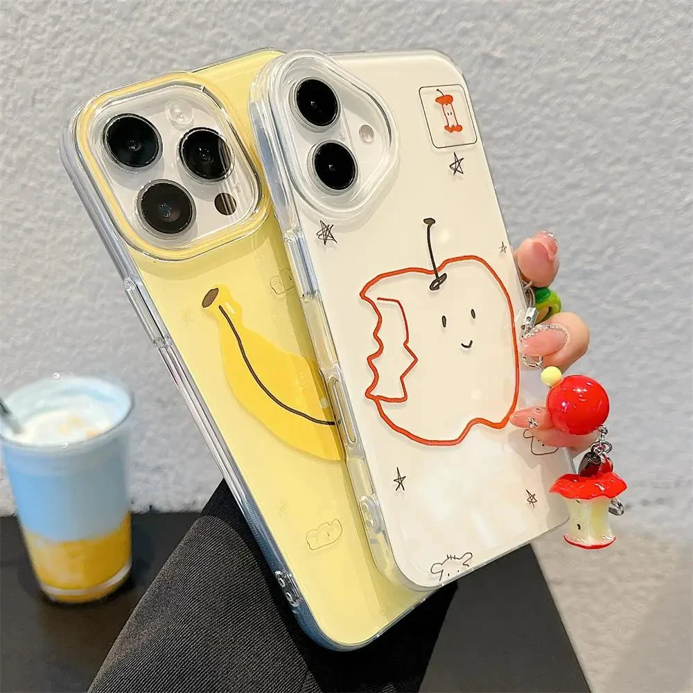 Lustige Apfel-Bananen-Handyhülle für iPhone 11 12 13 14 15 16 17 18 Pro Max 16E Air 7 8 Plus mit süßem Frucht-Anhänger-Schlüsselanhänger – Detail 2
