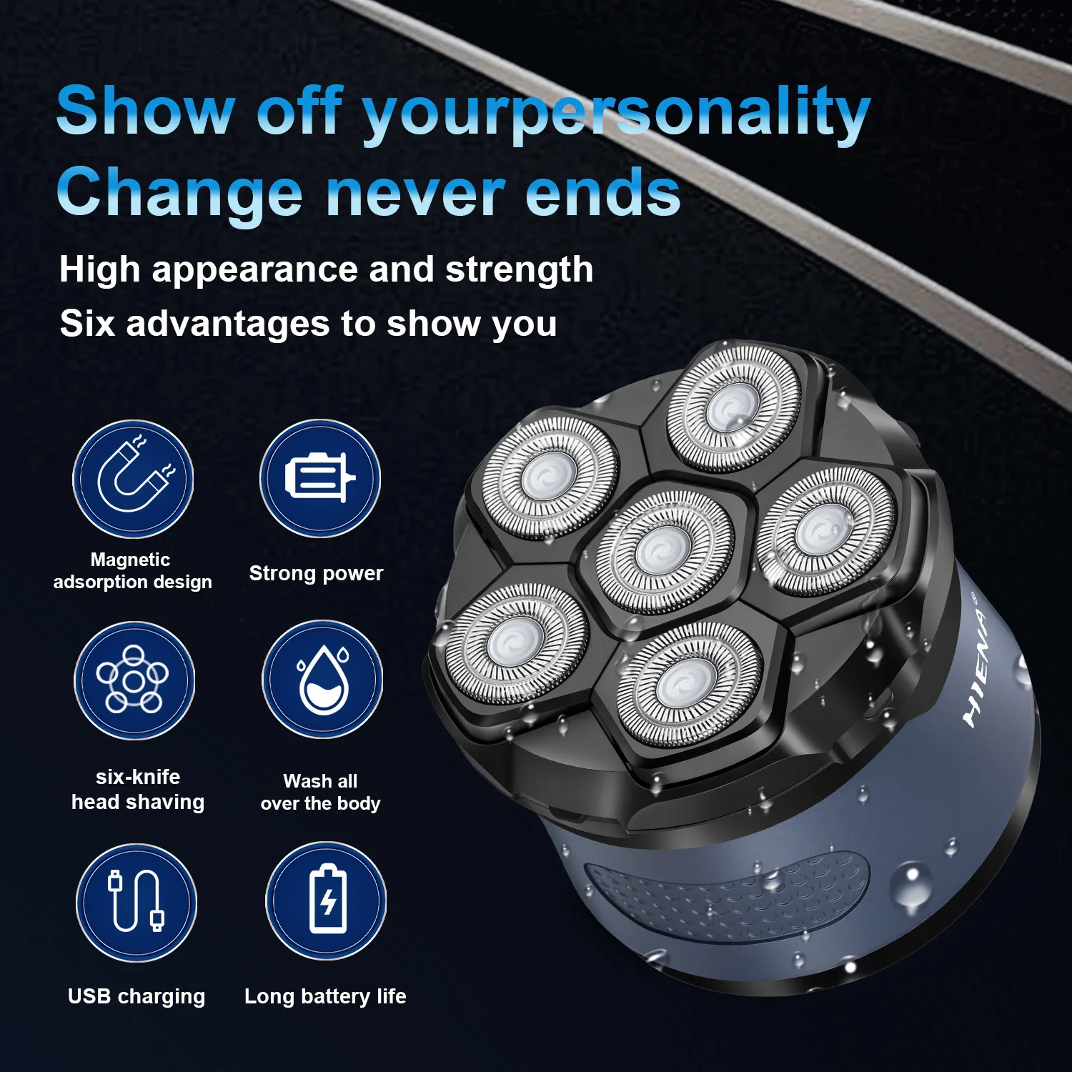 HIENA الكهربائية أداة تهذيب اللحية 1200mAh عالية الطاقة 6-شفرة ماكينة حلاقة للرجال المحمولة اللاسلكية LED عرض التهيأ القواطع 1 قطعة