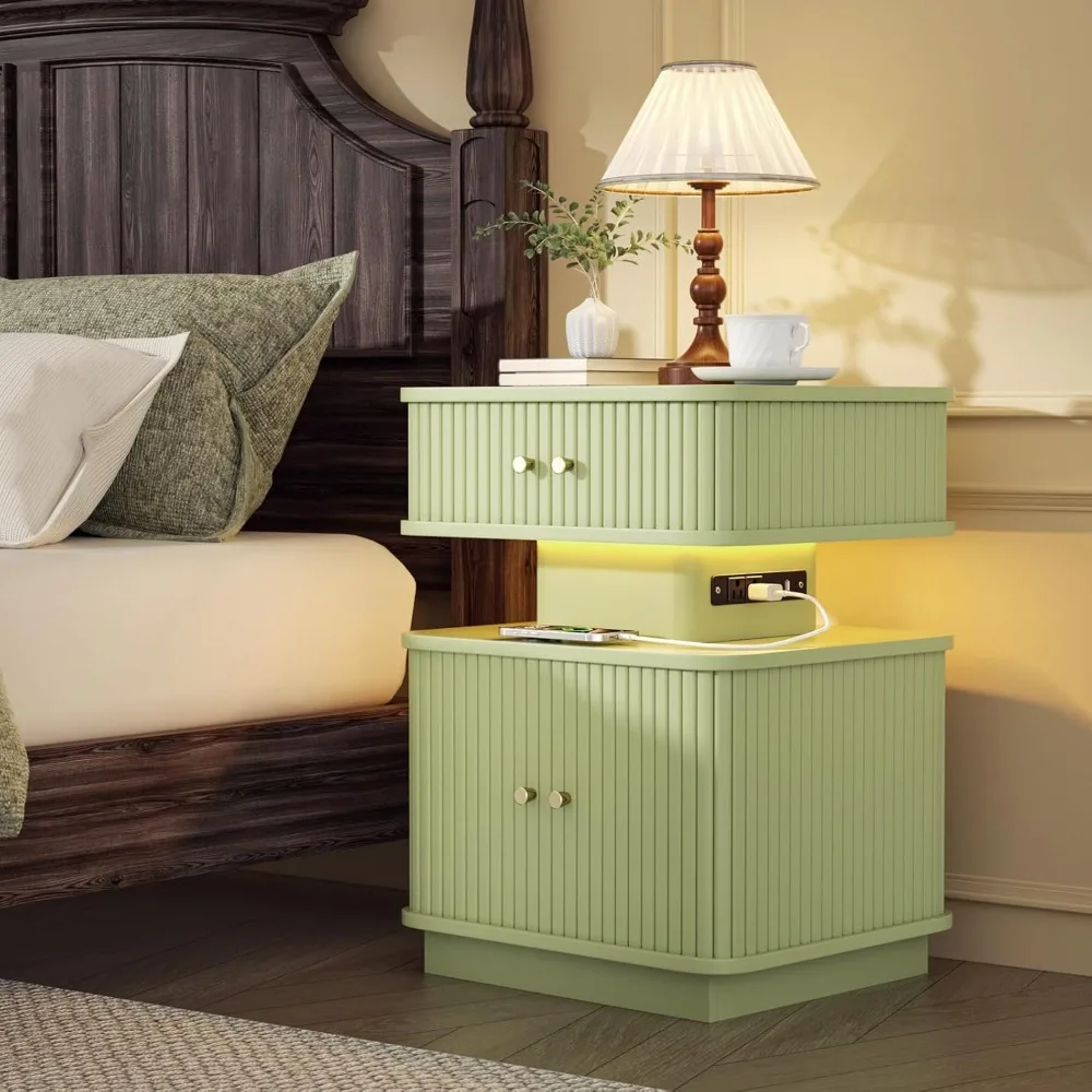 

Contemporary Nightstand with Integrated Charging Port, Smart LED Lighting, and Dual Sliding Door Storage for Bedside Use