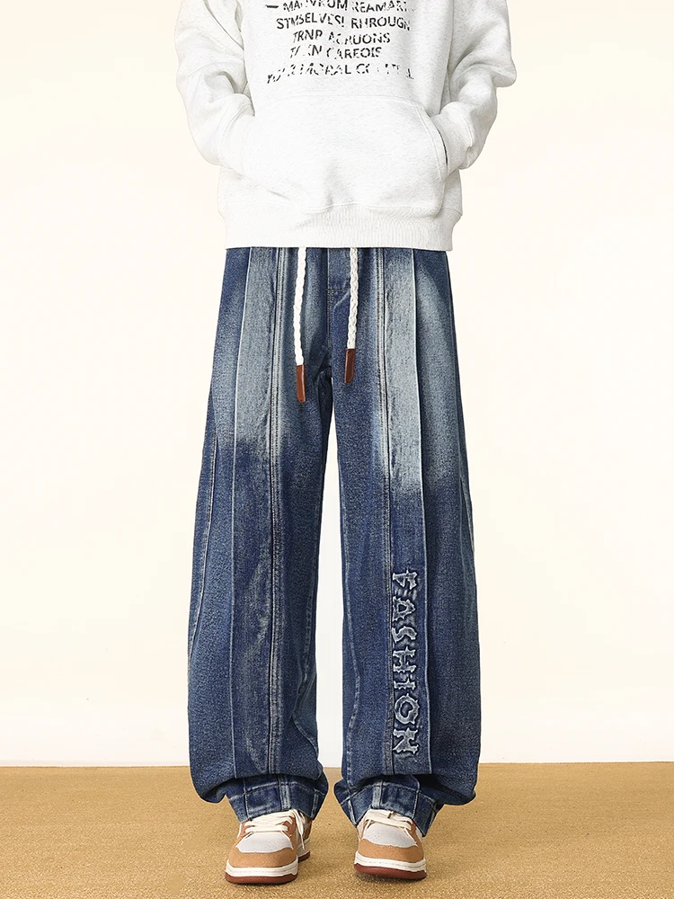 فضفاض موضة مطرزة الجينز الرجال الخريف جديد مستقيم بناطيل كاجوال مريحة واسعة الساق الشارع الشهير الذكور الدنيم السراويل #2