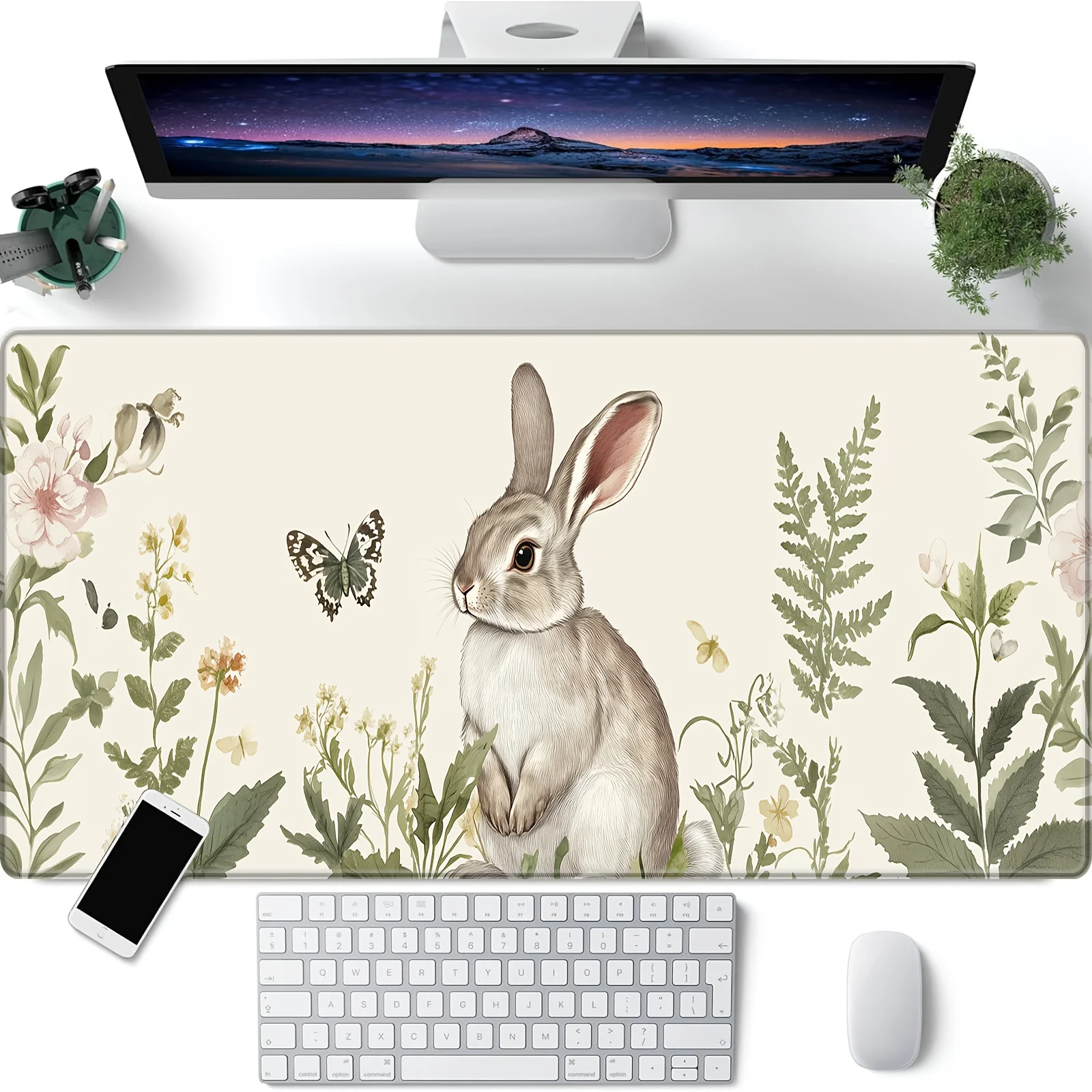 Cute rabbit XXL floral design mouse pad, anti-slip rubber base beige, suitable for gamers and offices, high quality