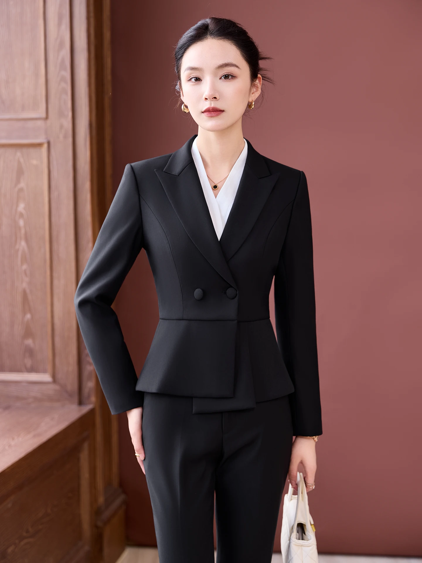 Elegant Professional Women's Suit Set for Spring Autumn Hotel Front Desk Reception Workwear Jewelry Store Beauty Salon