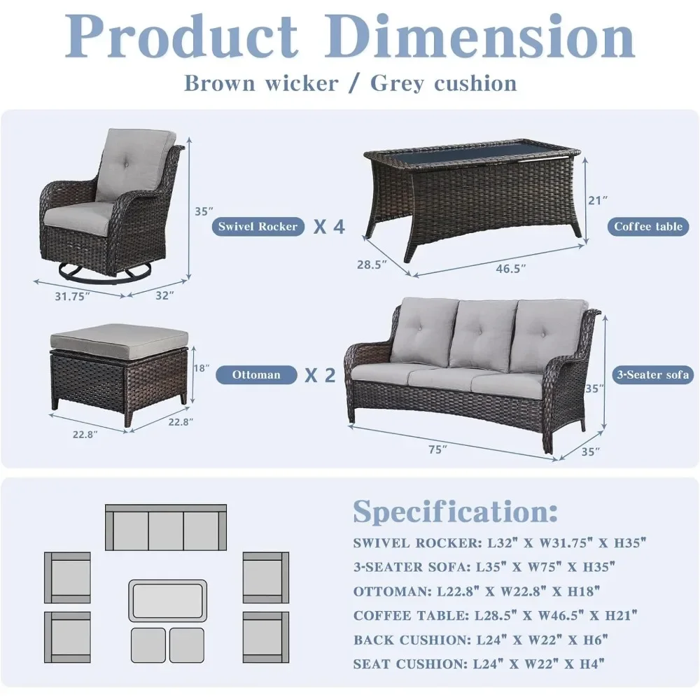 Set furnitur anyaman dengan 4 kursi Ayun, Sofa rotan, 8 buah Set percakapan furnitur rotan luar ruangan