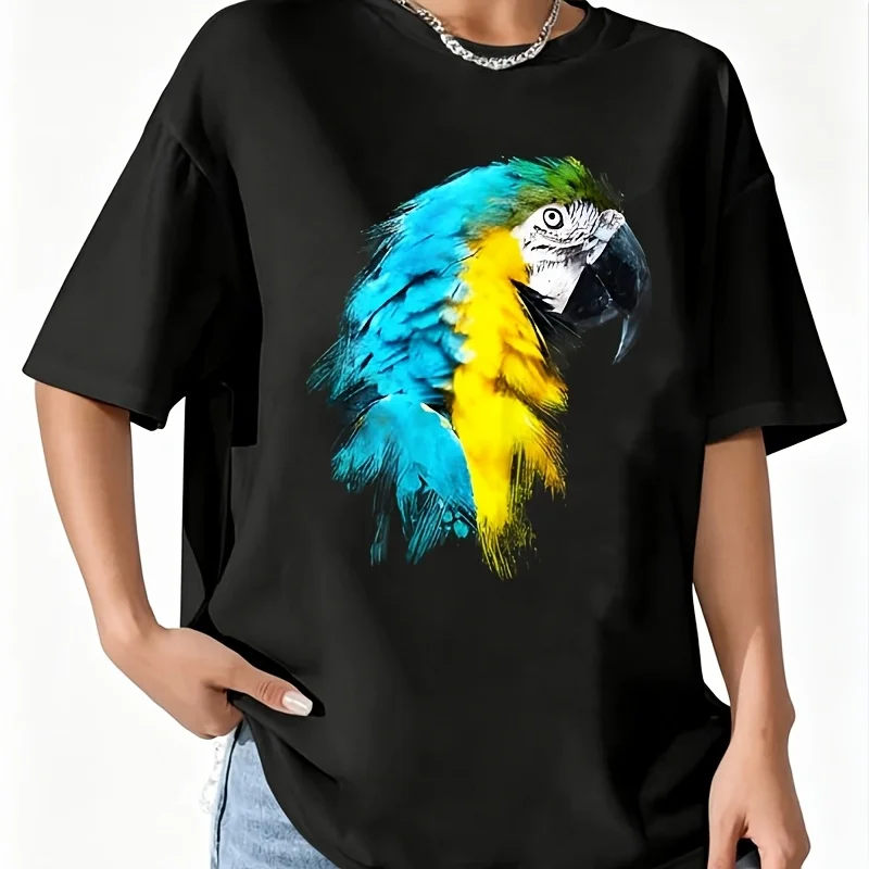 Colorful Scarlet Red Macaw Parrot Bird Watercolor Women's 100% Cotton T-Shirt Fun Print Short Sleeve Top Casual Round Neck Tee S-5Xl