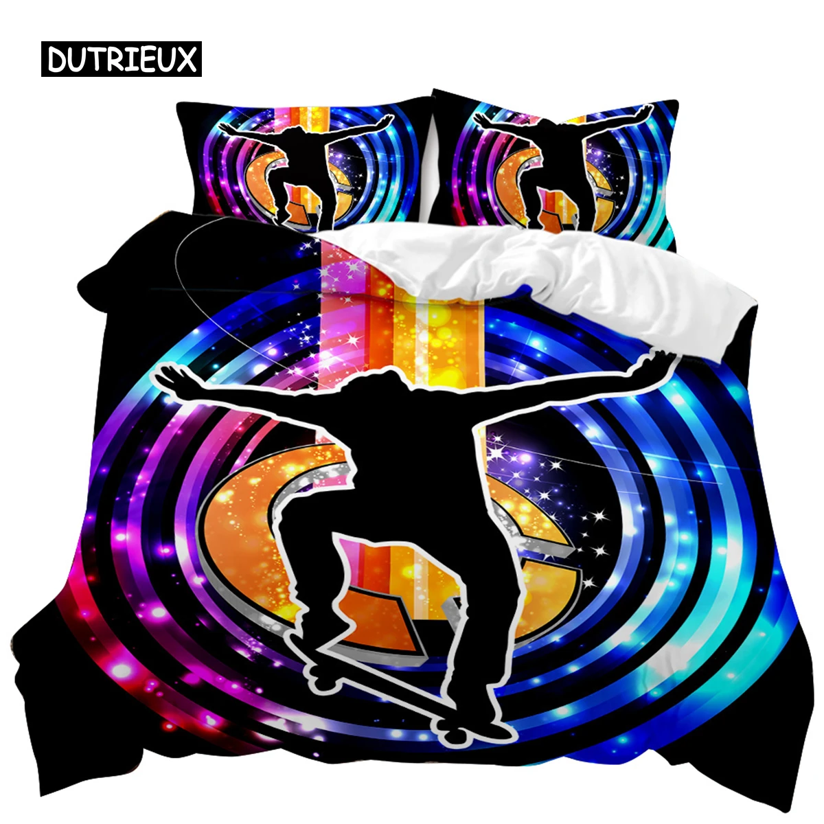 Skateboard Duvet Cover Set Hip Hop Style Bedding Set Colorful Rainbow Tie-Dye Hippie Abstract Graffiti Art Polyester Qulit Cover