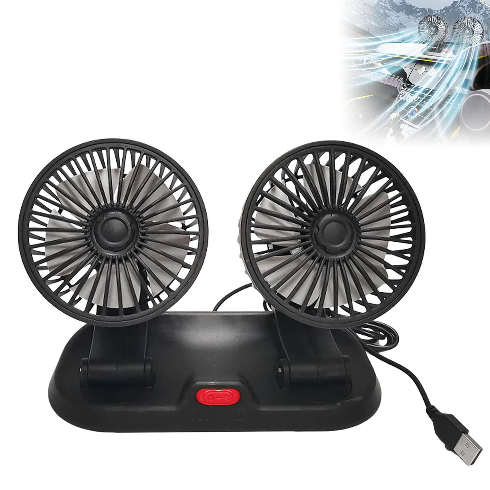 

Dual Head USB Fan for Car 360° Rotation Portable Vehicle Cooling Fan Suitable for SUV/RV/Truck/Sedan/Cruise