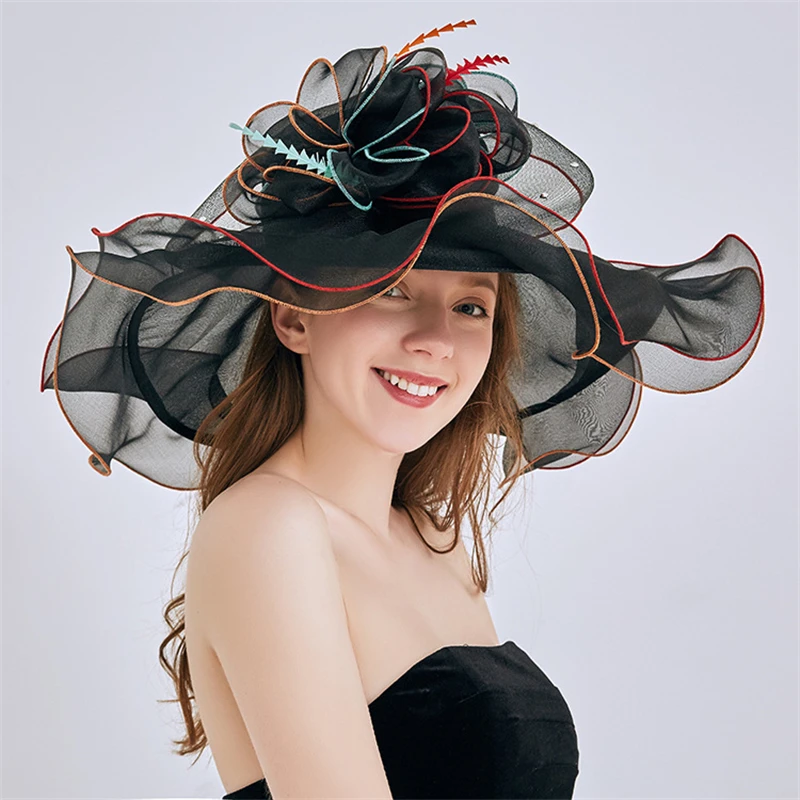 

Big Brim Fedora Hats For Women Organza Sun Hats Flower Feather Ladies Wedding Party Kentucky Wide Church Fedoras