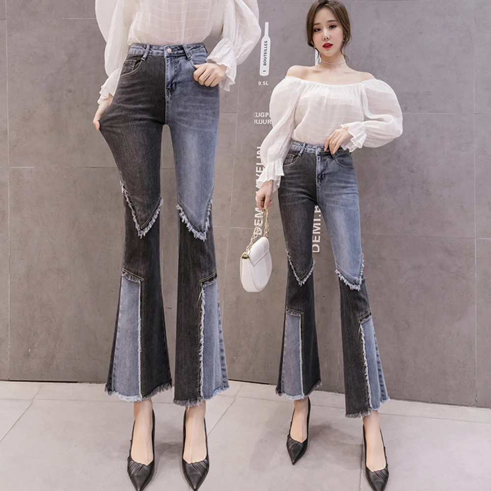 

Vintage Patchwork Flared Jeans Ladies Stretch High Waist Skinny Boot-Cut Denim Trousers Mujer Fashion Denim Pants For Women 2022