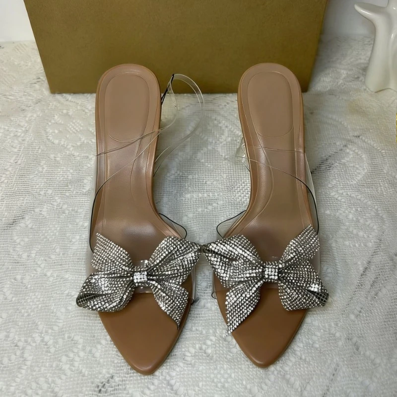 Clear PVC Rhinestone Bow Heels Women Pointed Toe Slingback High Heels Glitter Party Wedding Shoes Fashionable Mules view 3