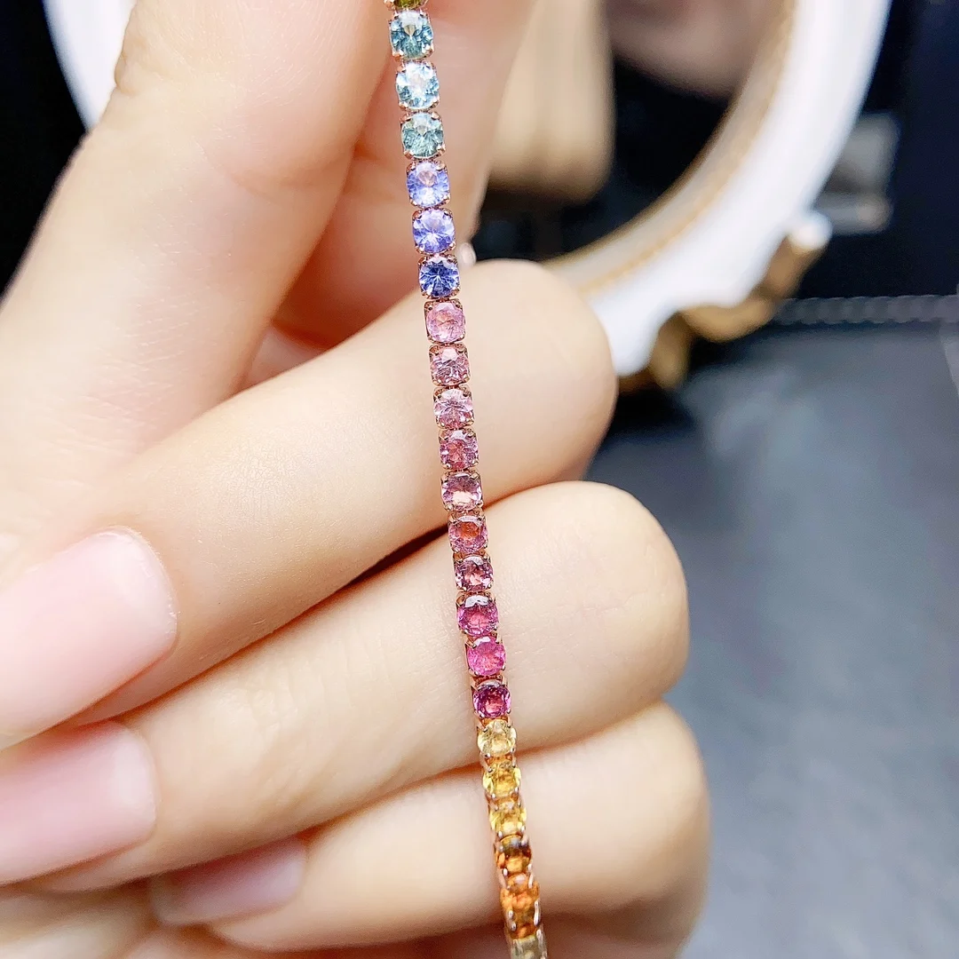 

FS Natural Tourmaline Simple Bracelet S925 Sterling Silver With Certificate 2mm Fine Charm Wedding Jewelry for Women MeiBaPJ