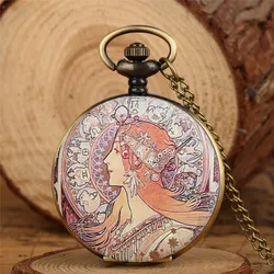Vintage Elegant Lady Display Bronze Quartz Pocket Watch with Necklace Pendant Chain Arabic Numerals White Dial Chain Clock