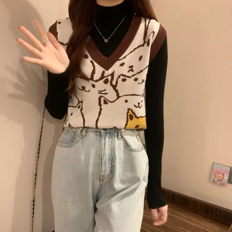 

College Style Knitted Vest New Cat Sleeveless Style Fashionable Sweater Camisole Women's Top