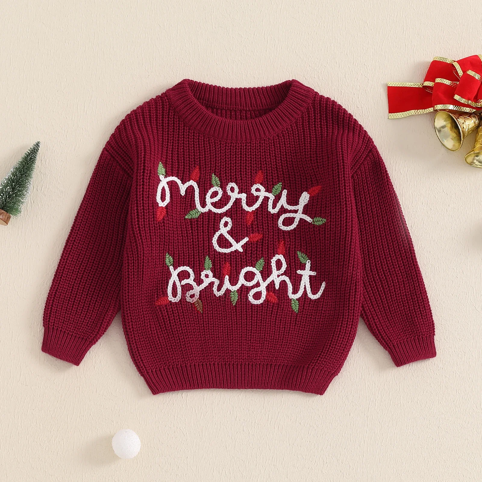 Baby Girl Boy Knitted Christmas Sweater Letter Light String Embroidery Pullover Casual Top Newborn Xmas Clothes