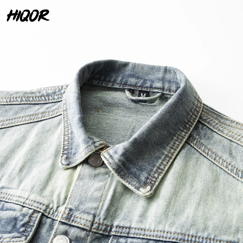 HIQOR Autumn Winter Denim Jackets Men Fashion Letter A Embroidery Design Washed Vintage Men\'s Jacket Coat Oversize Mens Clothing