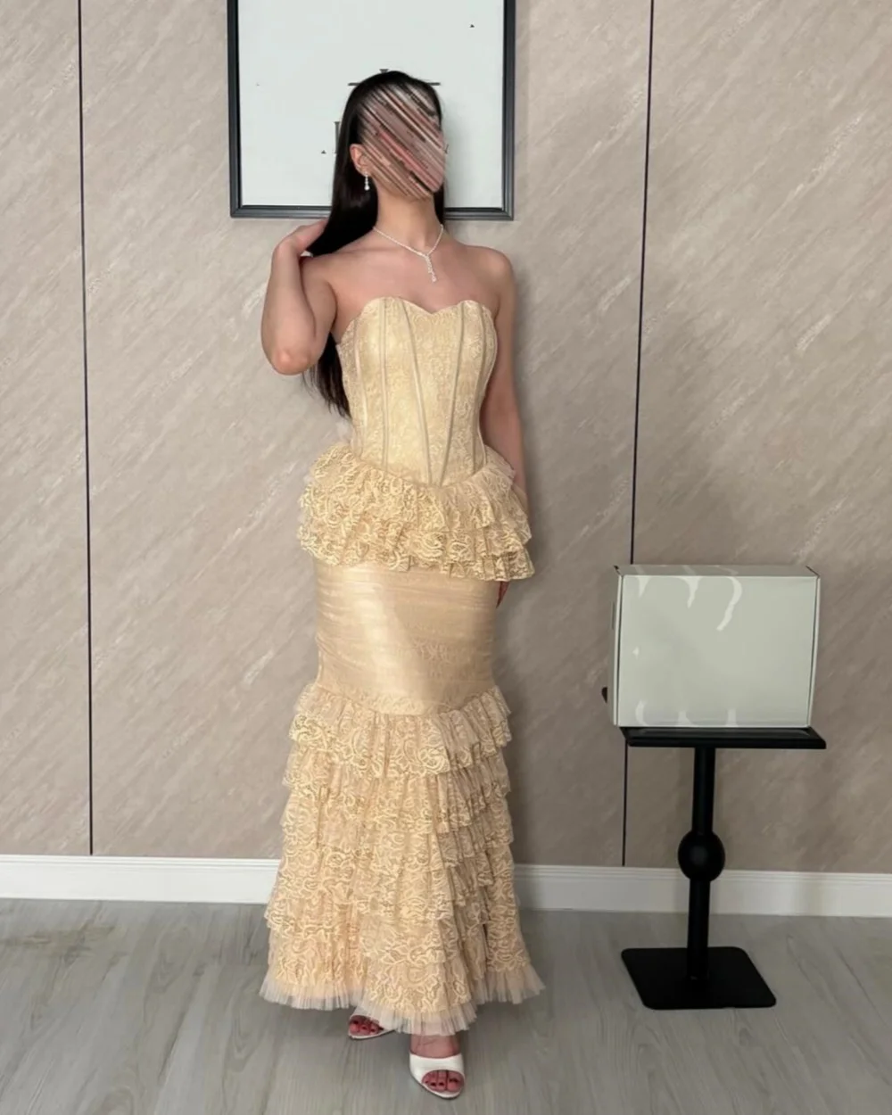 

Customized Elegant Women Lace Ruched Pleat Tiered A-line Evening Dresses Fashion Sexy Sweetheart Sleeveless Ankle Length Dresses