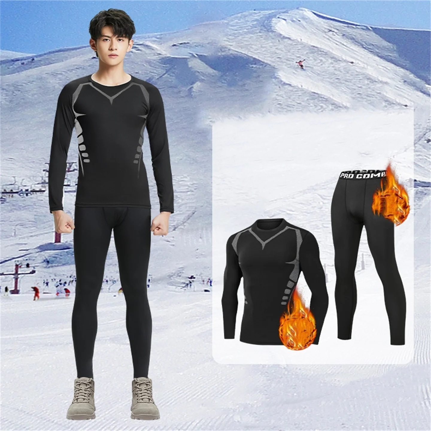 Ski Quick-Drying Clothing Men's Tight Bottom Sports Suit Plus Velvet Warm Compression Underwear Autumn Winter Outdoor Fitness