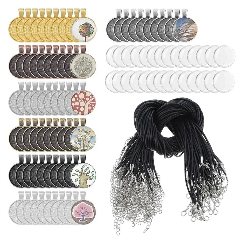 Retail 210Pcs Pendant Trays Kit With Glass Cabochon And Necklace Cords Set For Jewelry Making Pendants Necklaces Making