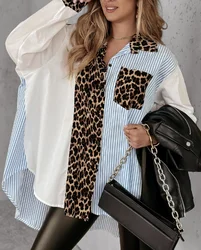 Woman Blouse 2024 Autumn Leopard Print Striped Dip Hem Loose Fit Casual Blouse Button Front Turn-Down Collar Long Sleeve Shirt