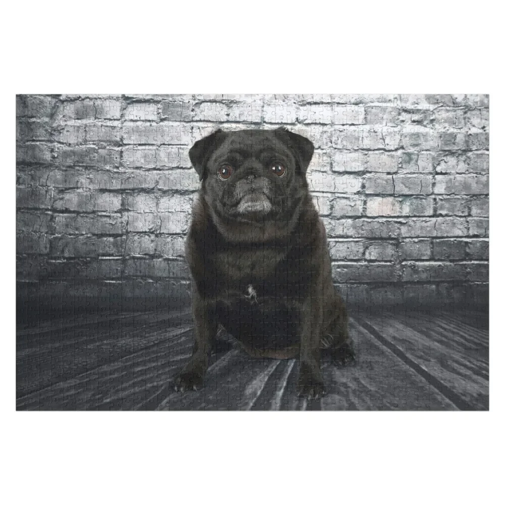 

Black Pug & Brick Wall Jigsaw Puzzle For Children Custom With Photo Wood Name Personalized Photo Gift Puzzle