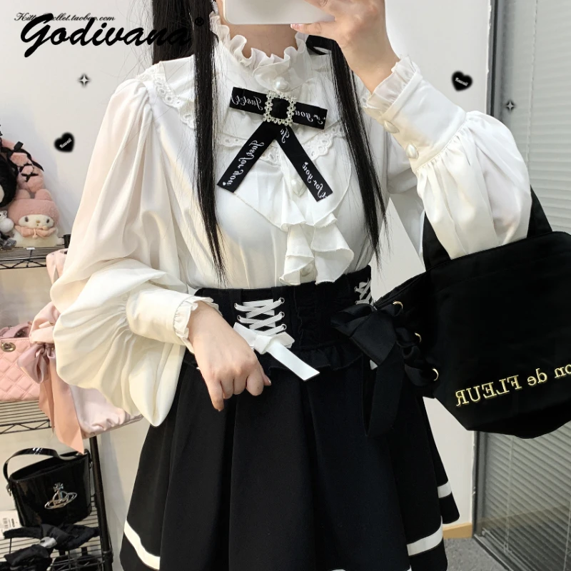 Japanese Sweet Style Black White Basic Top Stand Collar Ruffled Mass-Produced Kawaii Long Sleeve Blouse Shirt for Women Girls