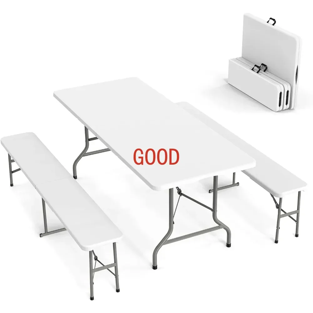 

Picnic Table Set w/ 2 Benches, 6 Feet Camping Table Chair Set, 3PCS Folding Furniture for Indoor or Outdoor Use, Smooth Tabletop