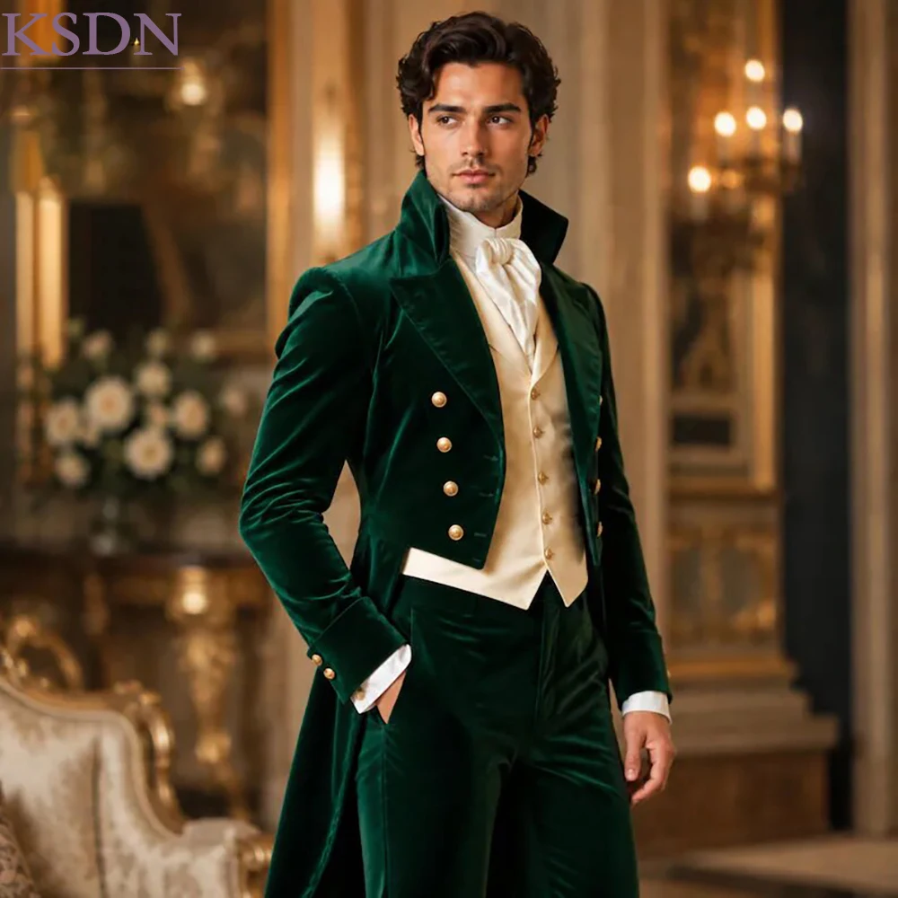 Elegant Men's Suits High Quality Velvet Frock Tailcoat Formal 3 Piece Jacket Pants Vest Customzied Wedding Male Clothing