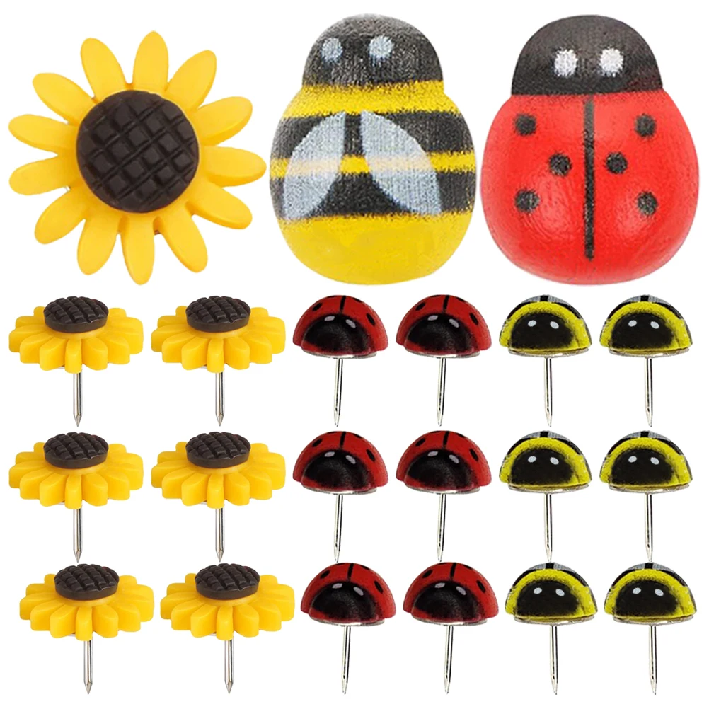 

30 Pcs Cartoon Thumb Tacks Flat Push Pins Desk Accessories Long Use Bulletin Board Map Markers Sunflower Shaped Thumb