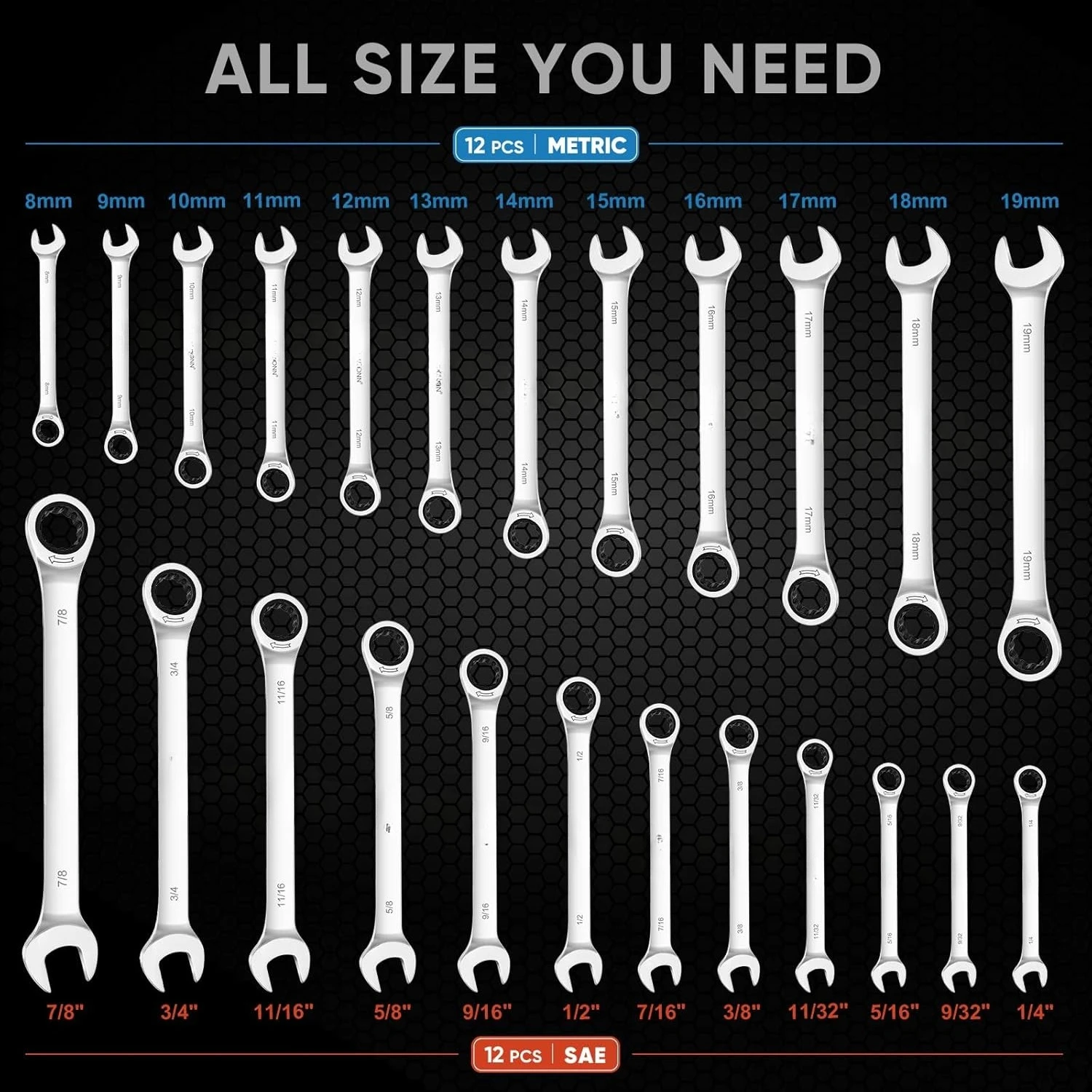 

24PCS Ratcheting Wrench Set with Organizer Rack, Professional Slim Profile Mechanic Cr-V Ratchet (12PCS Inch (SAE) Hot Sale)