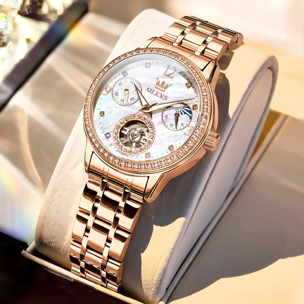 

Автоматические механические женские часы OLEVS с фазами Луны, модные элегантные часы с розовым золотом и стальным ремешком, роскошные часы с турбийоном для женщин