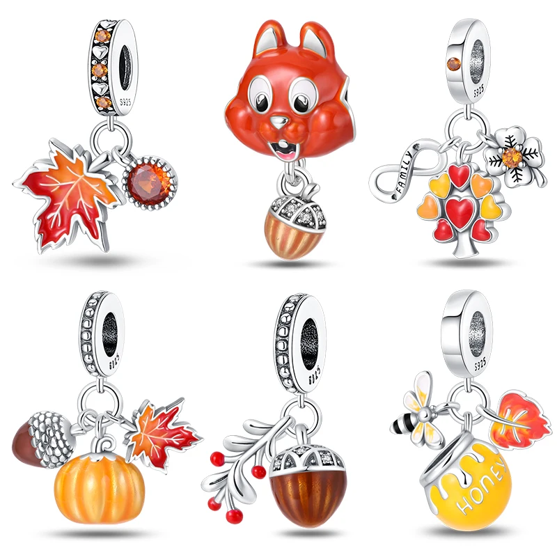 Real 925 Sterling Silver Squirrel Cone Maple leaf Pumpkin Honey Autumn Charms Bead Fit Pandora 925 Original Bracelet DIY Jewelry