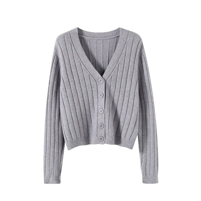 JIAYAN 2025 Spring Women Sweters Short Loose Long Sleeve V-Neck Cardigan Knitted Sweater Jacket Top for Women