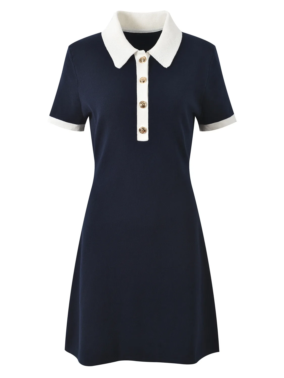 

Spring Summer 2026 Color Block Collar Slim Fit Short Sleeve Knitted Dress Silver Button French Style High Waist Soft Ela...