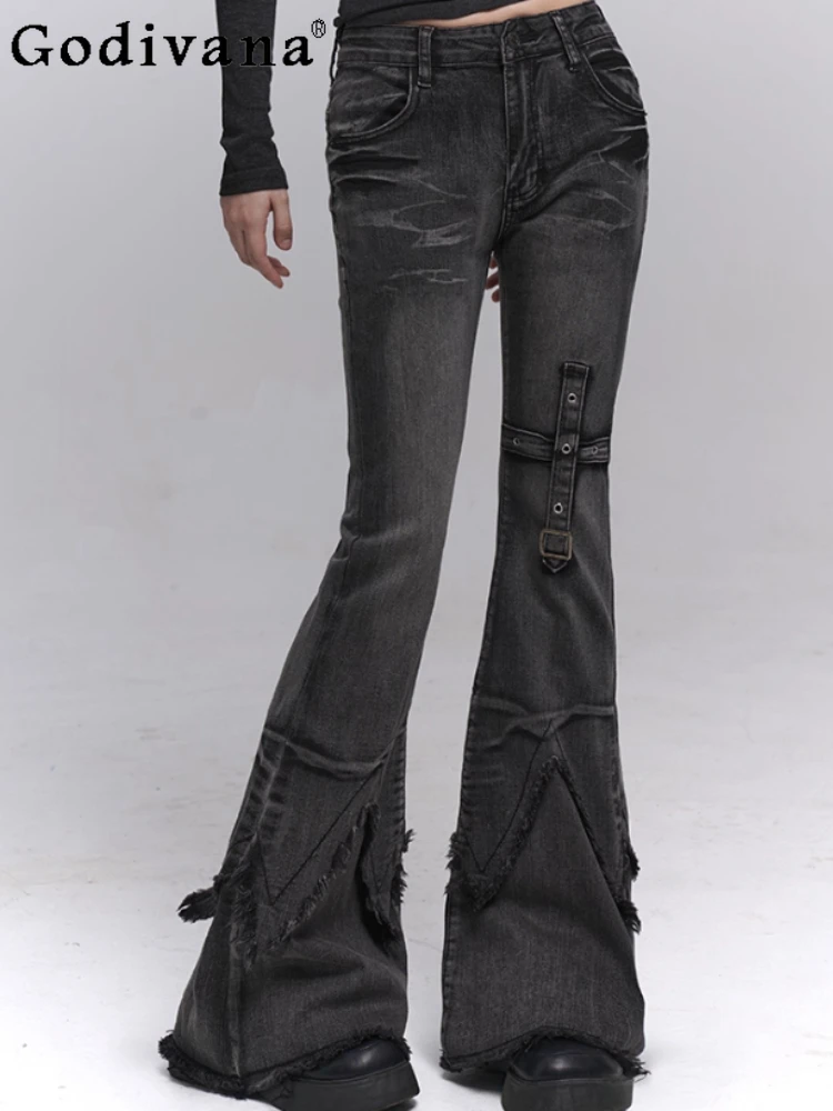 

Spring Autumn New Fashion Heavy Industry Slim Versatile High Waist Bootcut Jeans Girl American Cool Sexy Street Do Old Trousers