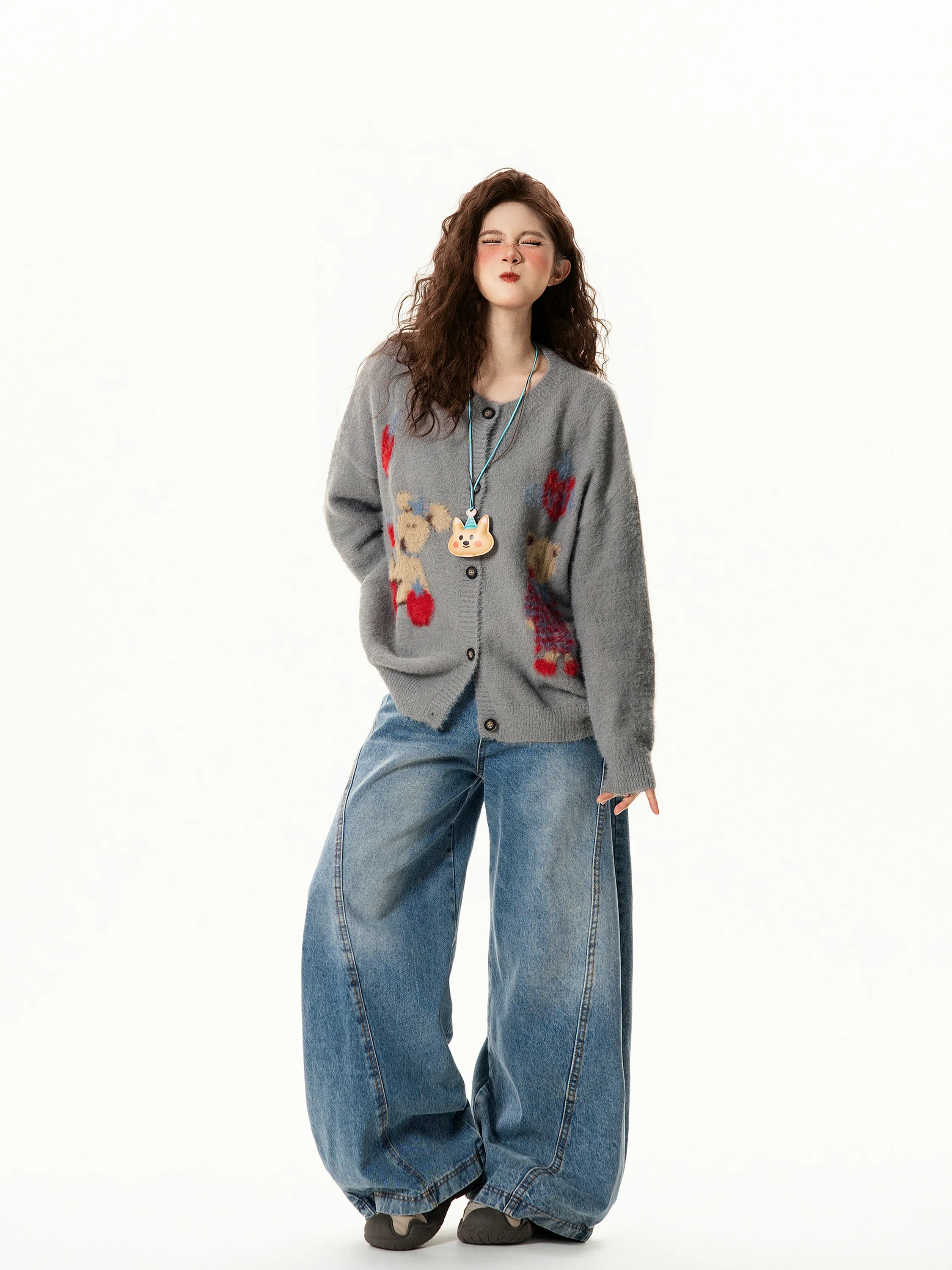 

Американский вязаный кардиган-свитер с мультяшным медведем, свободный крой, универсальный, для весны, осени и зимы