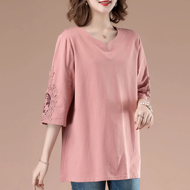 

Mommy Outfit Summer New V-neck Pullover Commuter Fashion Solid Color T-shirt Embroidered Spliced Loose Versatile 3/4 Sleeve Tops