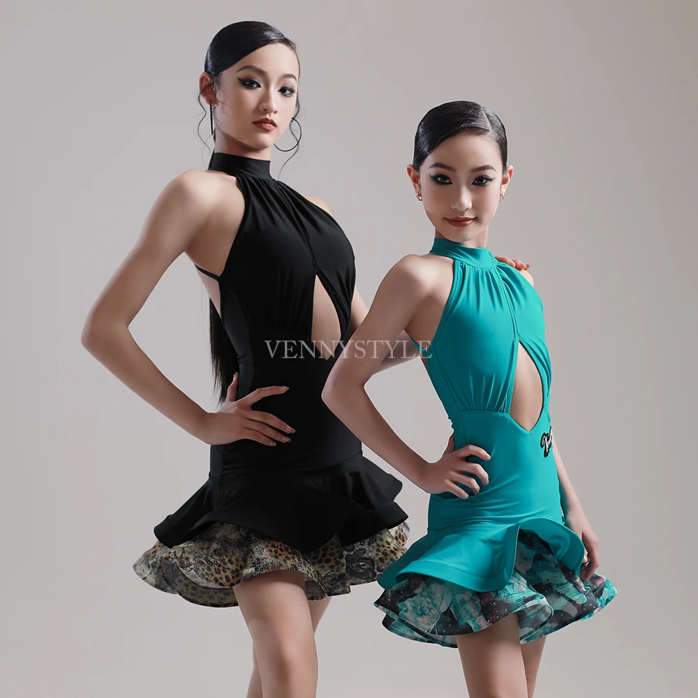 

Vennystyle Latin dance practice dress halter halter halter halter Halter girls double skirt dance practice dress