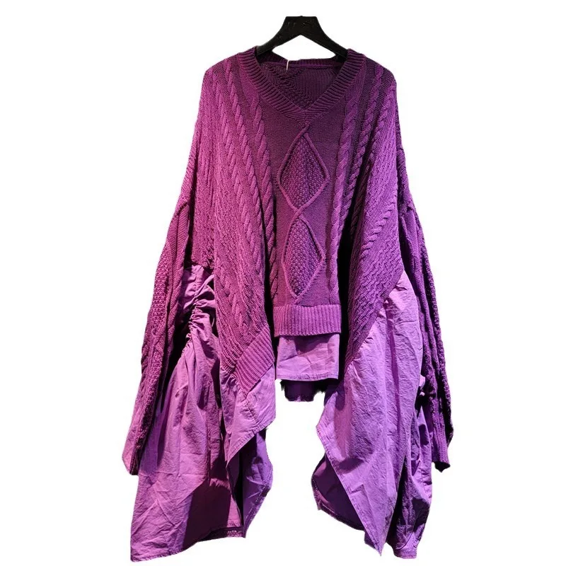 [EWQ] Patchwork Irregular Ruffles Batwing Sleeve Sweater V-neck Loose Women Purple Pullover Tops 2024 Autumn New Fashion 16O2314