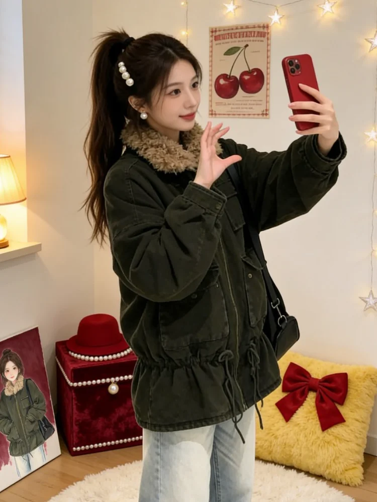 

Women's Winter Slim Fit Cotton Jaet Top Waed Design Sense Bloom Bot Dstring Korean Sle Commute Long Sve