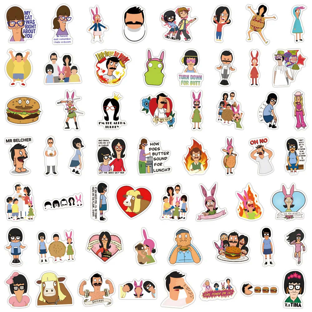 110 قطعة Bobs Burgers الكتابة على الجدران ملصقات DIY بها بنفسك الأمتعة المحمول الهاتف الغيتار سيارة دراجة سكيت الشارات لعبة أطفال