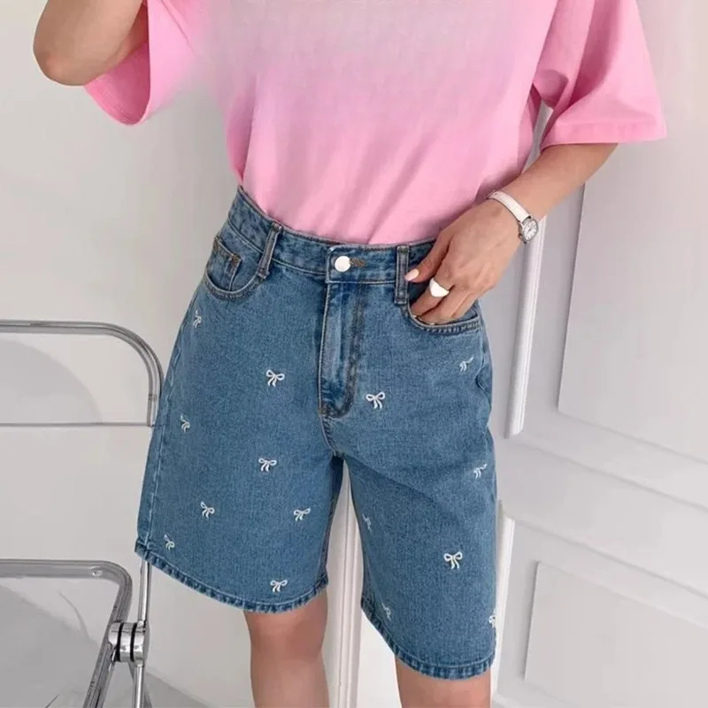 Corée du sud Chic été rétro broderie nœud contraste couleur taille haute polyvalent jambe large pantalon jean Shorts femmes