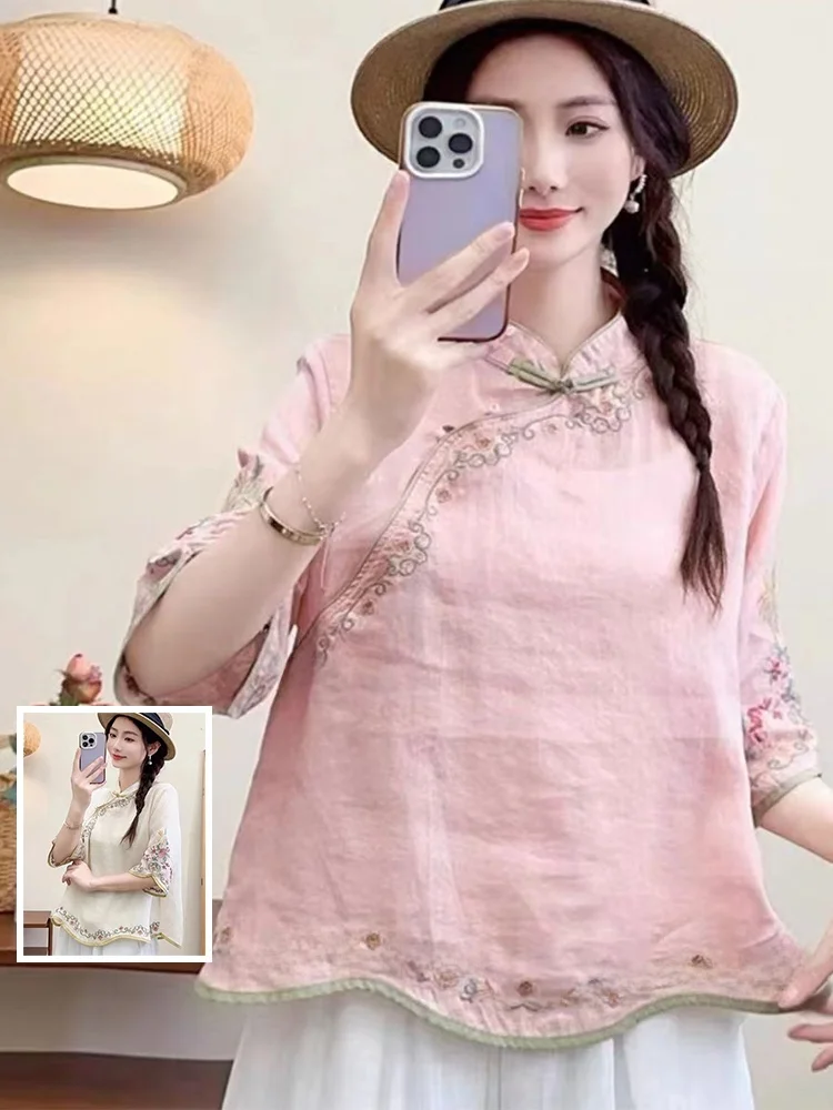 

Ele вышитый хлопок и лен, большой размер, женский модный костюм с наклонной пуговицей и воротником-стойкой, дзен-чайный костюм, топ